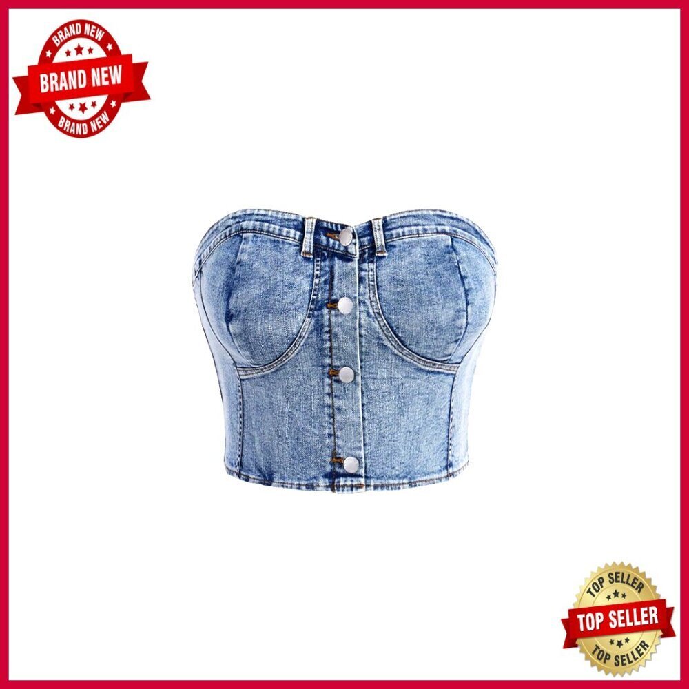 Plus Size Denim Tube Top Button Down Shirred Strapless Crop Top